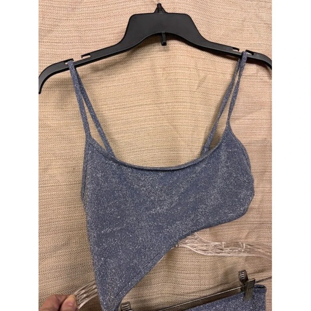 Aerie Womens‎ Metallic Blue Shimmer Side Cutout One Piece Cheeky Swimsuit S Long